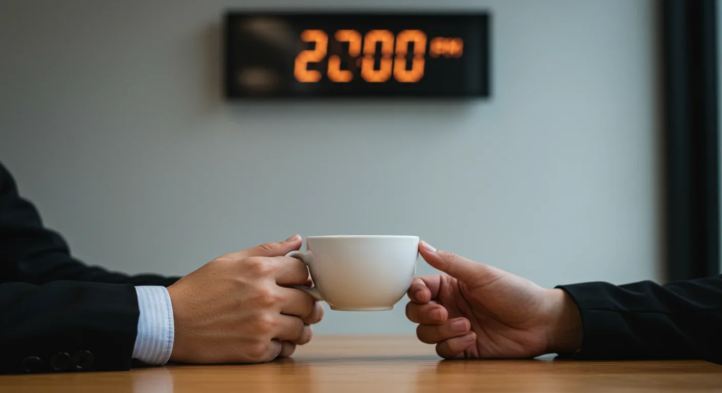Coffee cup with clock showing 2 PM caffeine cutoff time for better sleep