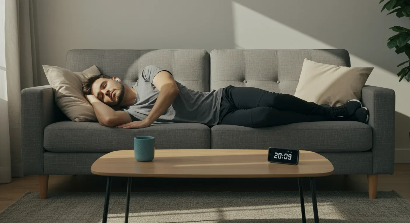 Man taking strategic 20-minute power nap in afternoon with timer for optimal adenosine regulation