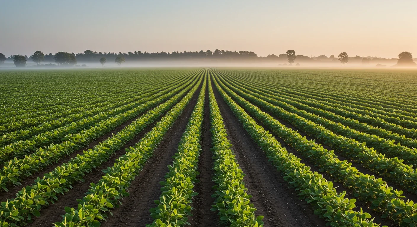 Rows of healthy soybean crops in agricultural field