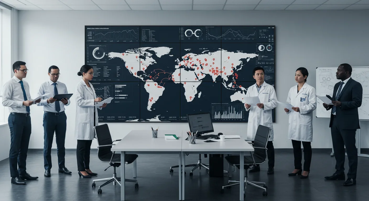 Public health team monitoring global disease outbreak data on interactive world map display