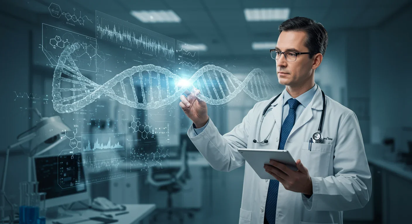 Doctor examining holographic DNA visualization with AI-powered genomic analysis in modern clinic