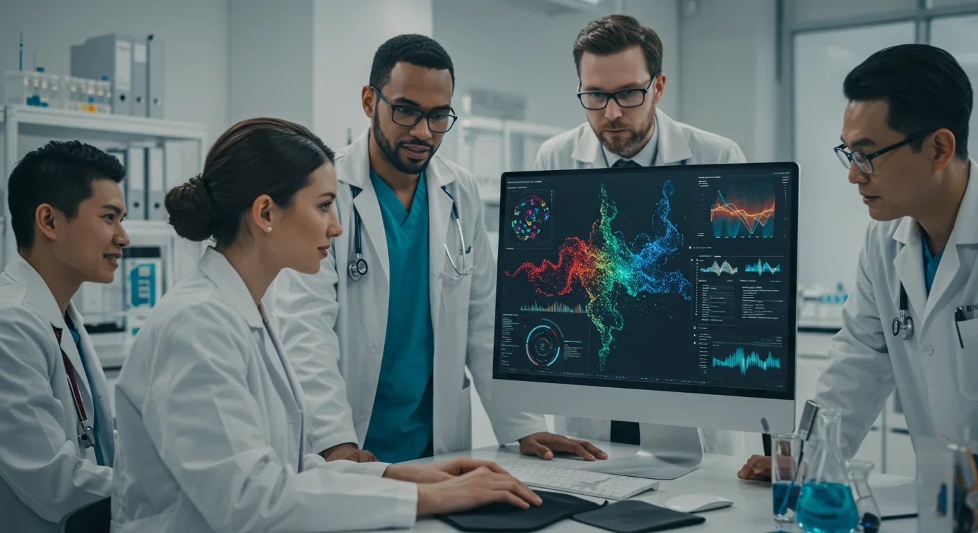 Healthcare team reviewing AI-generated genetic risk predictions on digital tablet in hospital