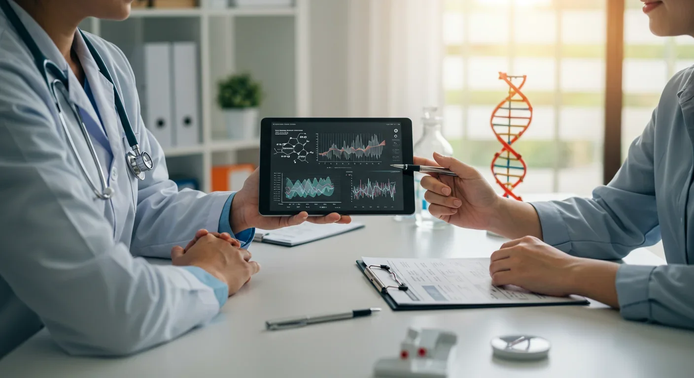 Physician explaining personalized precision medicine treatment plan to patient using AI-driven molecular insights