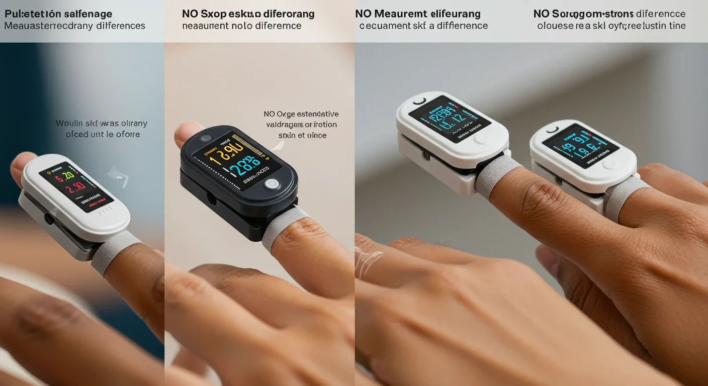 Pulse oximeter showing different accuracy readings across varied skin tones, illustrating medical device bias