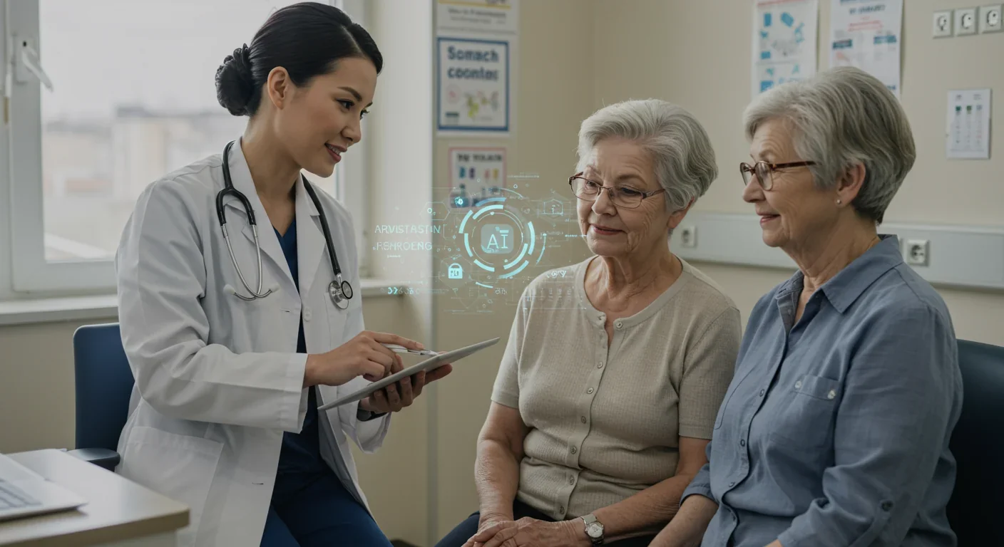 Clinician using AI-assisted decision support while maintaining personal patient care in medical examination