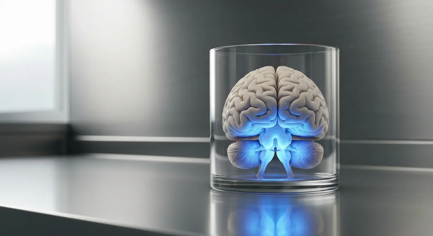 Preserved human brain specimen in glass container with blue-tinted lighting emphasizing the brainstem region on a laboratory bench