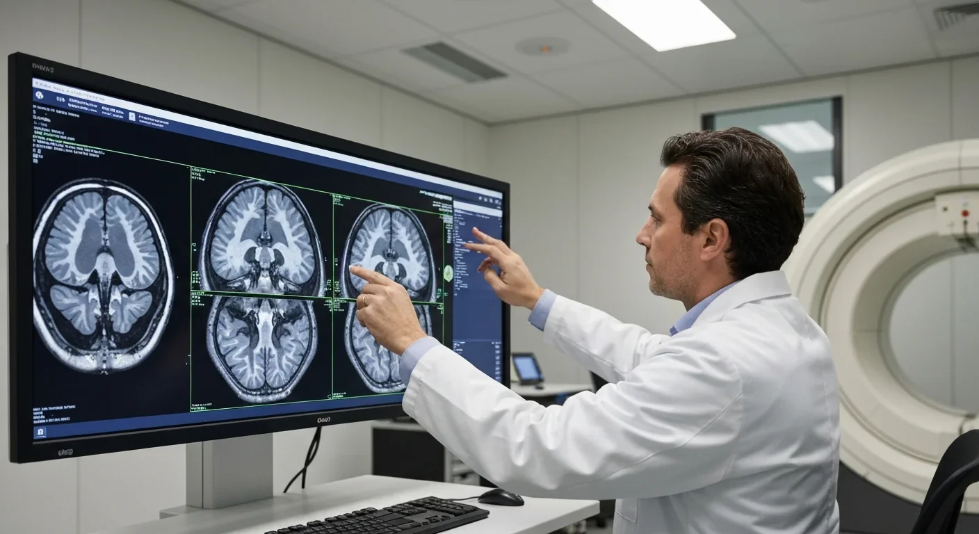 Neuroscientist examining a high-resolution MRI brain scan on a large monitor in a modern imaging facility