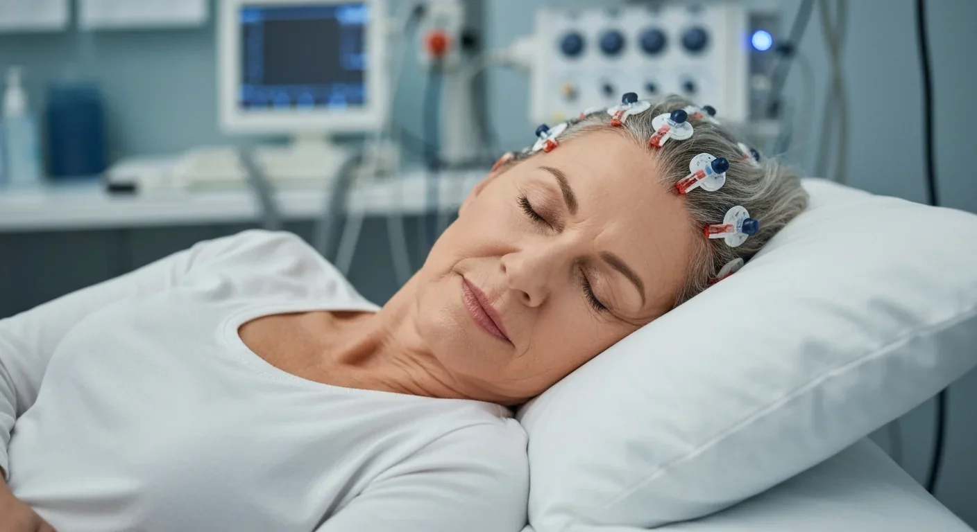 Senior adult woman sleeping in a sleep laboratory with polysomnography electrodes, monitoring equipment in background