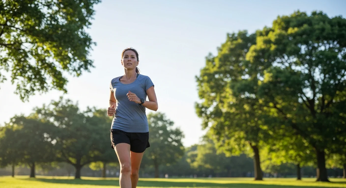 Adult woman jogging through a sunlit park in the morning surrounded by green trees