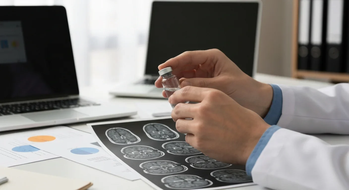 Researcher hands holding a glass vial of medication next to a printed brain scan with scientific papers on desk