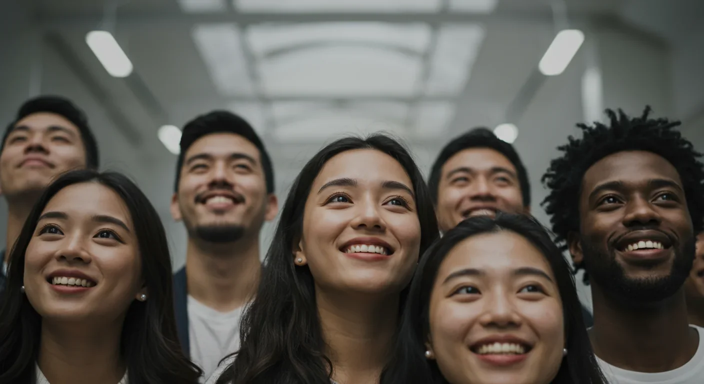 Diverse group of people with expressions of wonder and joy looking upward together