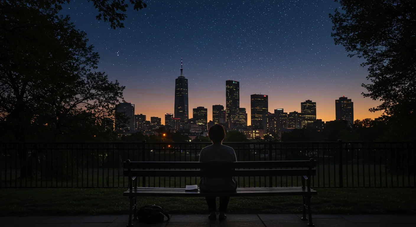 Person peacefully stargazing from park bench at dusk in urban setting