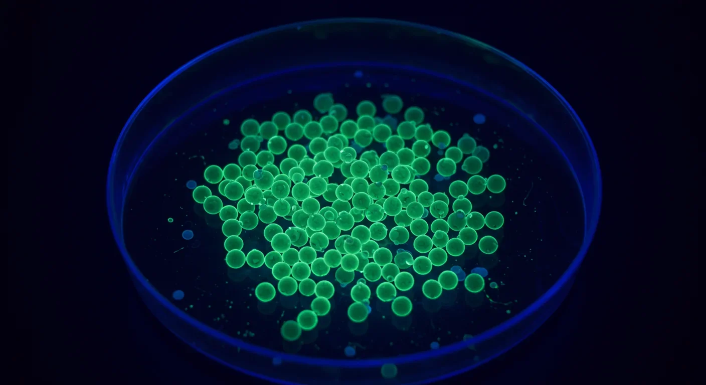 Bioluminescent bacteria glowing green under microscope in dense culture showing quorum sensing activation