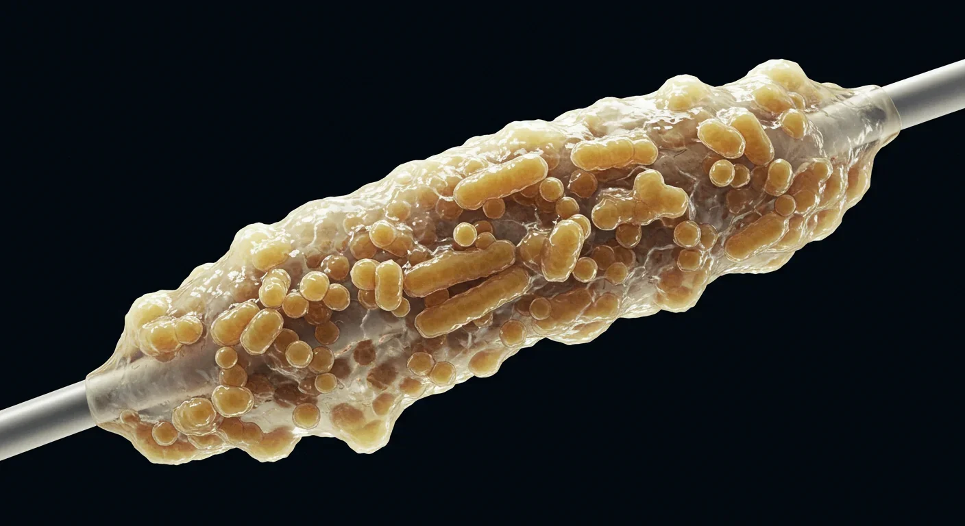 Bacterial biofilm coating a medical catheter showing dense microbial fortress structure