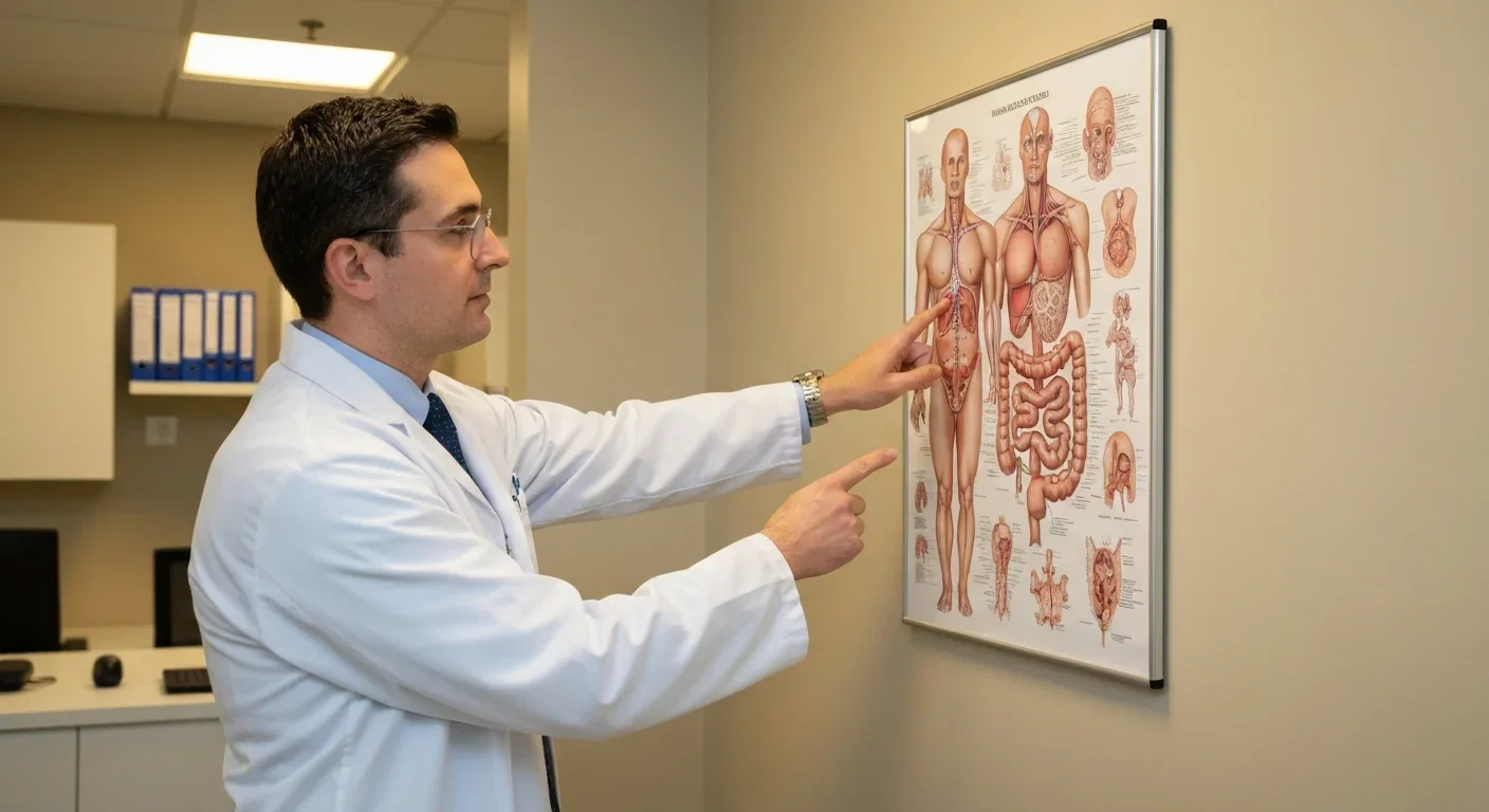 Medical professional pointing at an anatomical diagram of the human digestive system
