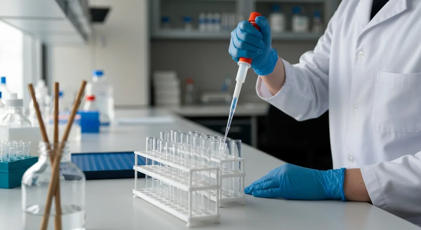 Researcher pipetting samples into test tubes during biochemistry analysis in a laboratory
