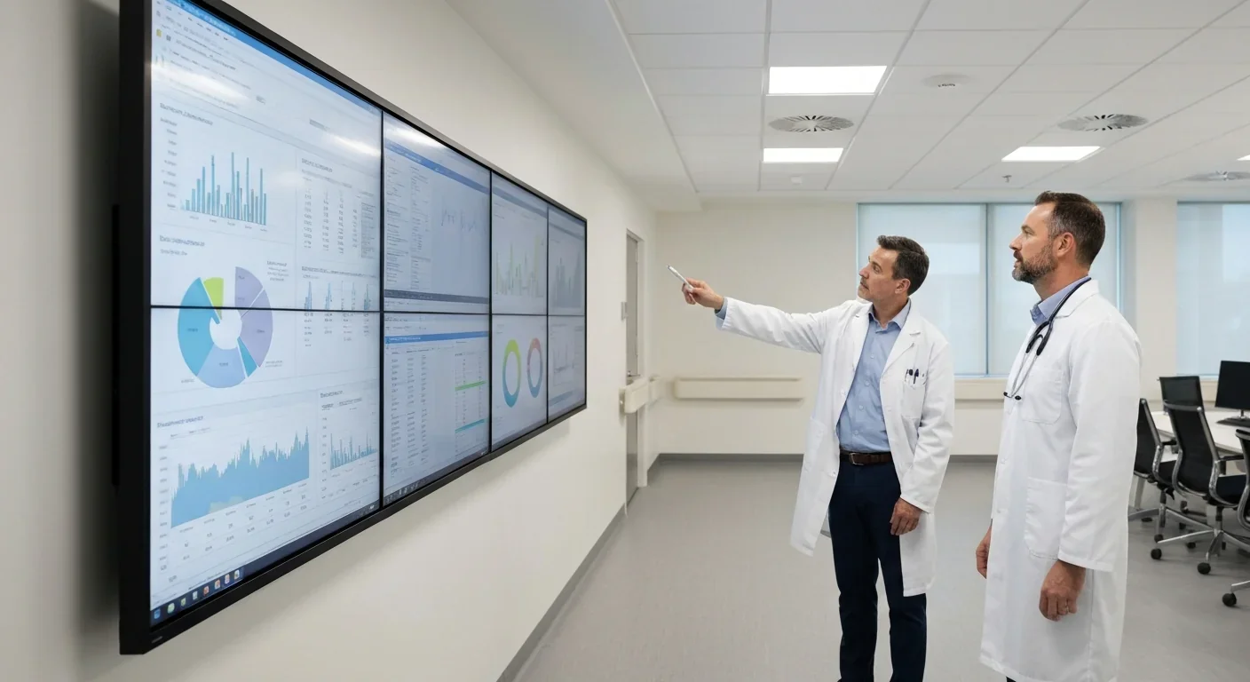 Two medical researchers reviewing clinical data on a large display screen in a hospital