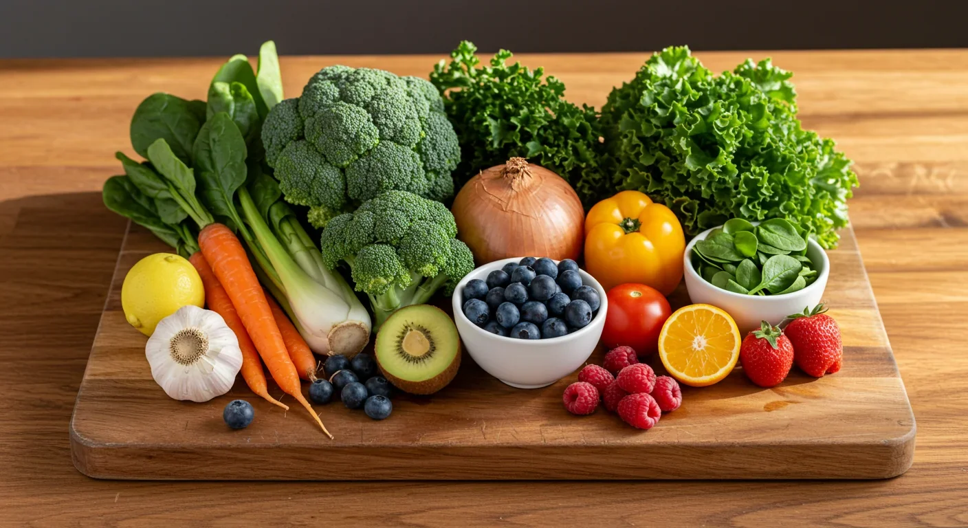 Colorful array of fiber-rich vegetables and fruits for gut health