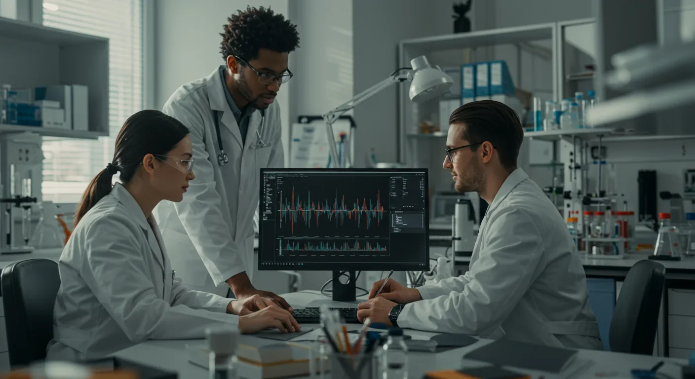 Diverse team of researchers collaborating on microbiome cancer research