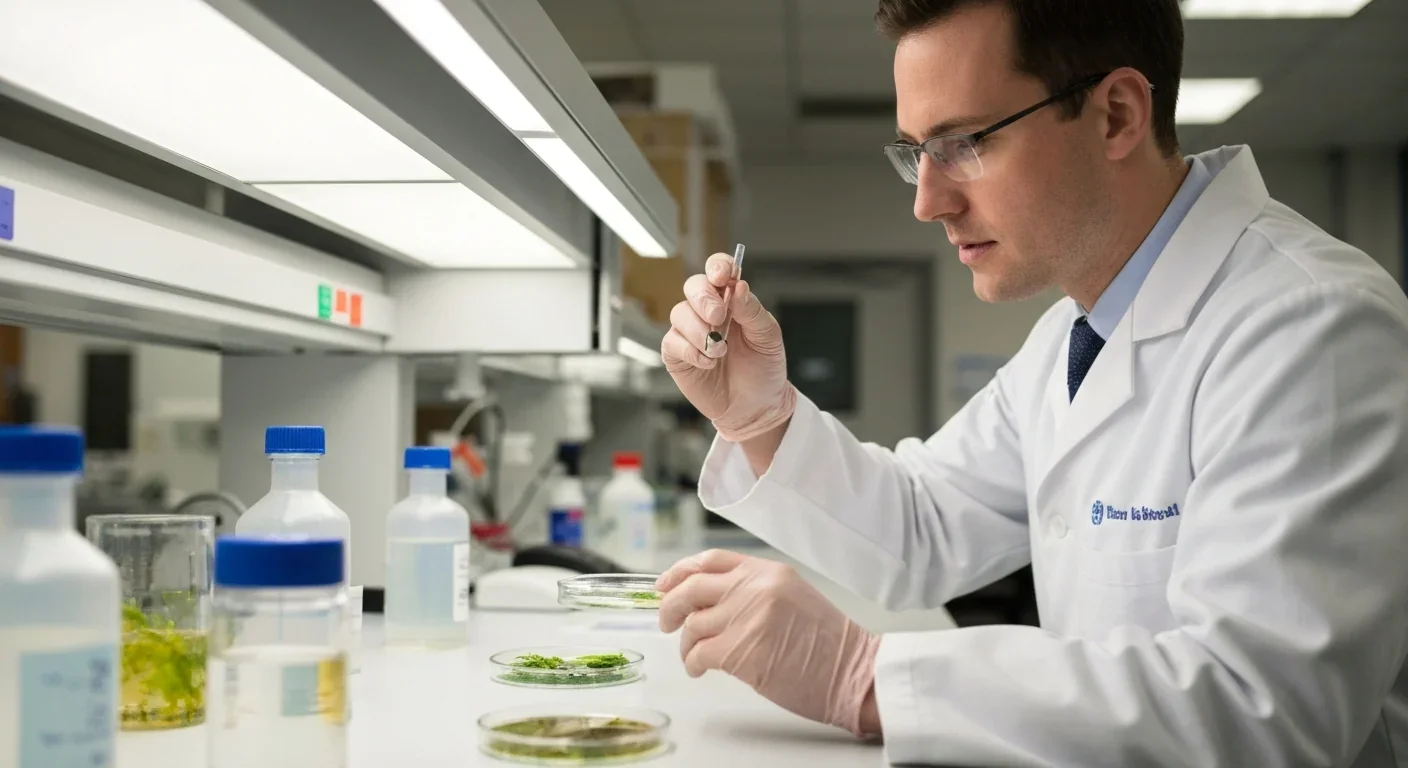 Environmental scientist analyzing algae samples for pesticide contamination