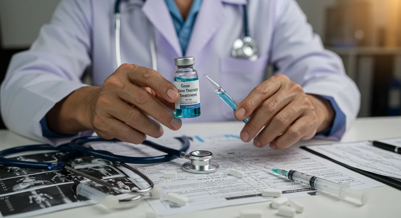 Gene therapy treatment vial in clinical setting with medical equipment