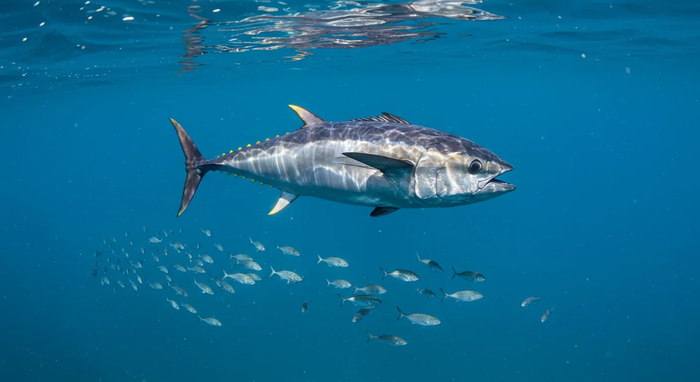 Tuna swimming among smaller fish in ocean demonstrating food chain biomagnification