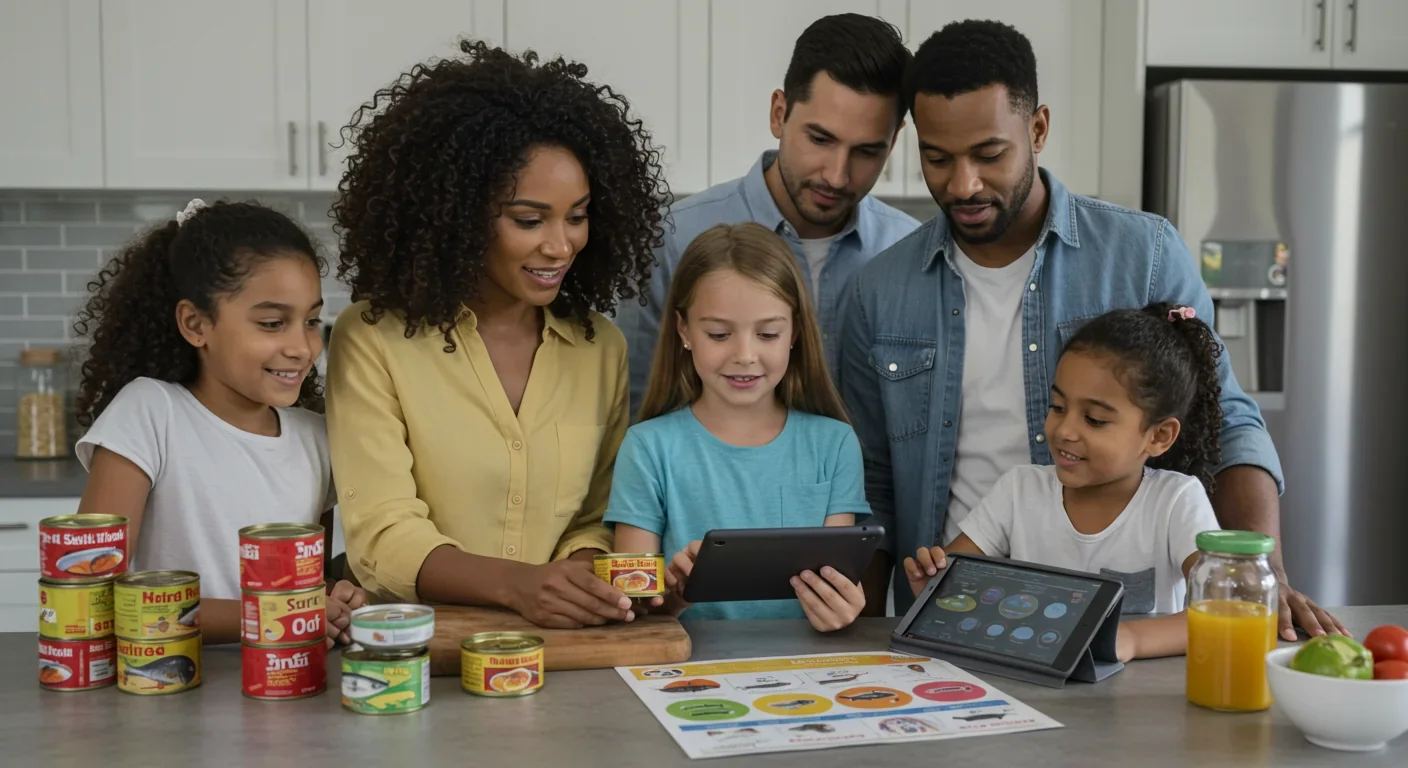 Family reviewing safe fish choices and mercury guidelines while shopping for seafood