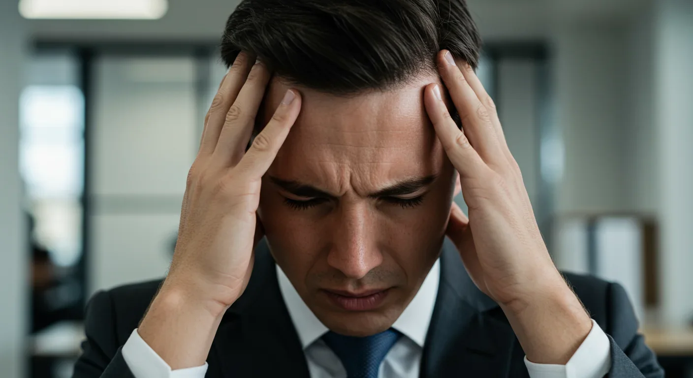 Office worker experiencing headache symptoms from poor indoor air quality and VOC exposure