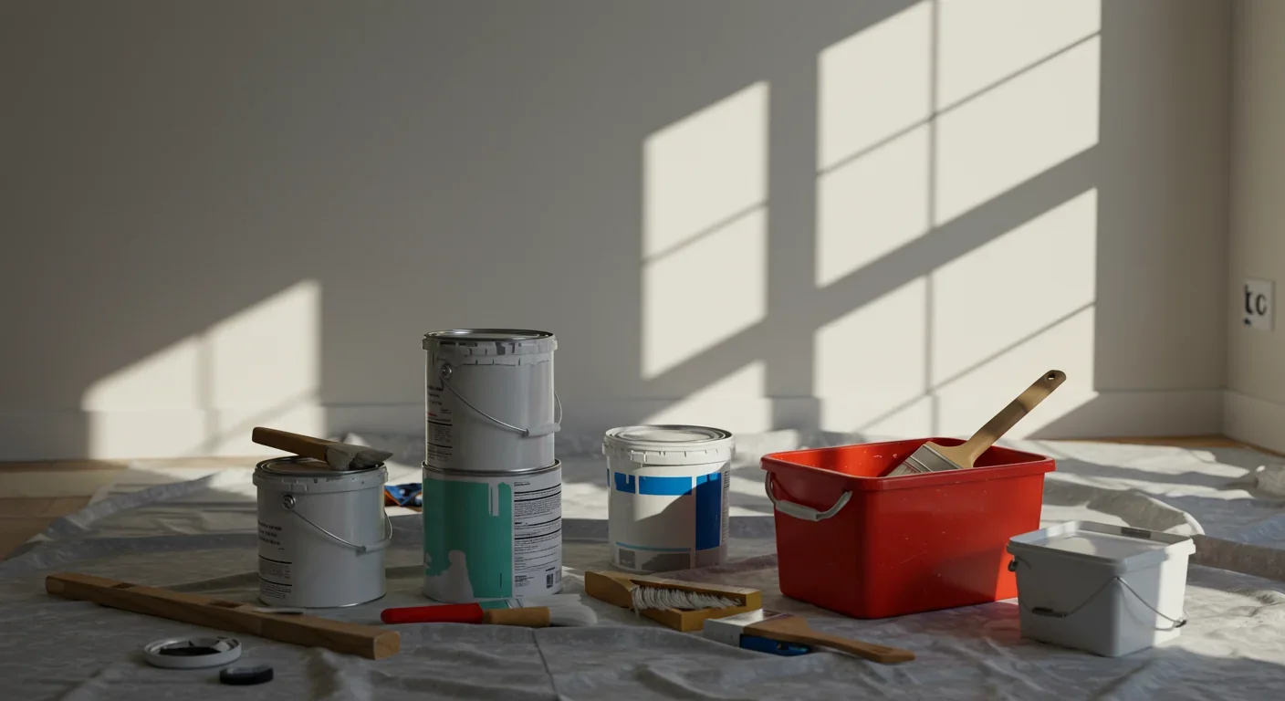 Paint cans and supplies during home renovation showing common sources of volatile organic compound emissions