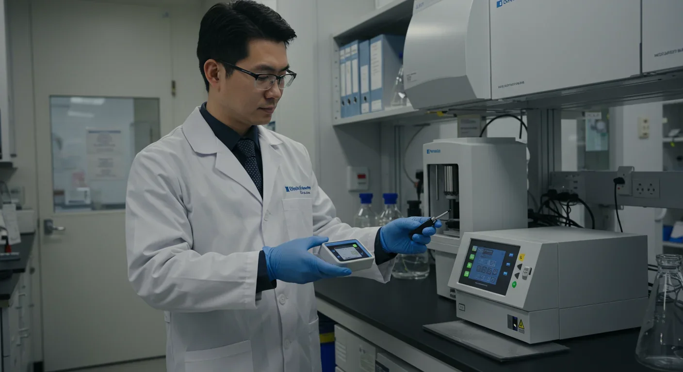 Environmental technician using professional air quality monitoring equipment to detect volatile organic compounds