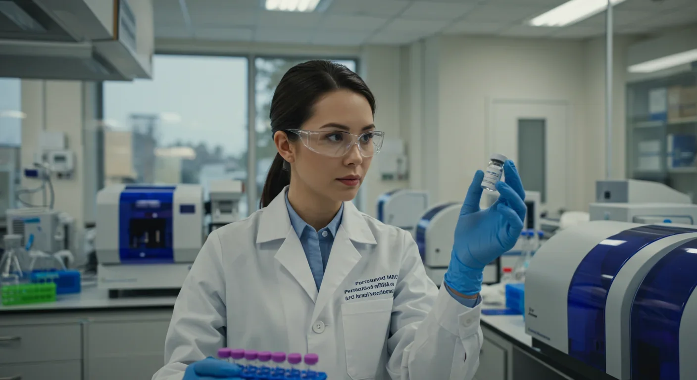 Researcher analyzing personalized cancer vaccine in advanced laboratory setting with sequencing equipment