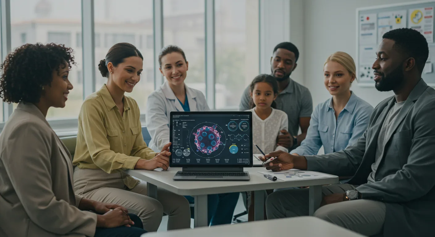 Oncology team discussing cancer vaccine treatment options and clinical trial results for patients