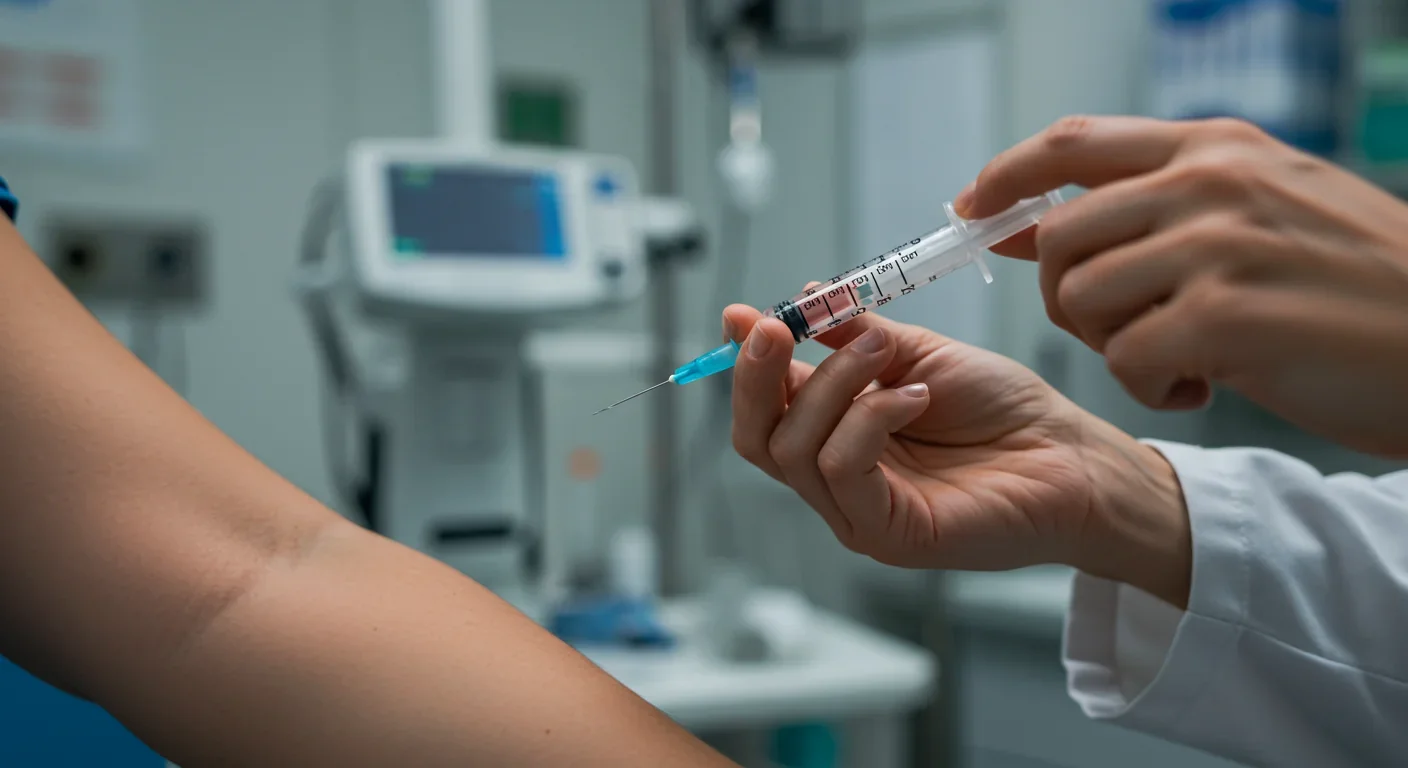 Patient receiving cancer vaccine injection in outpatient clinic with nurse providing care