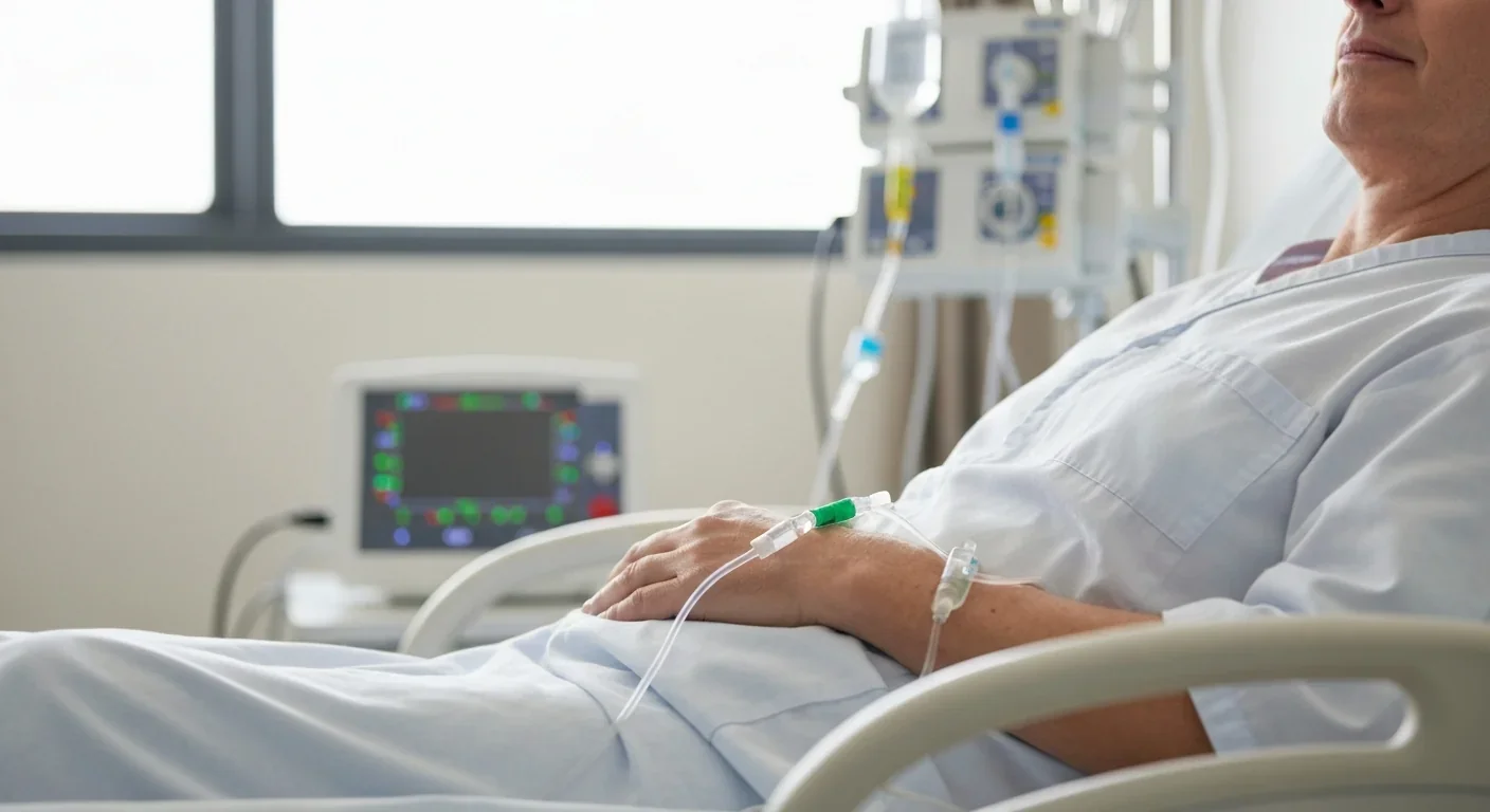 Adult patient receiving CAR-T cell infusion through IV line in hospital