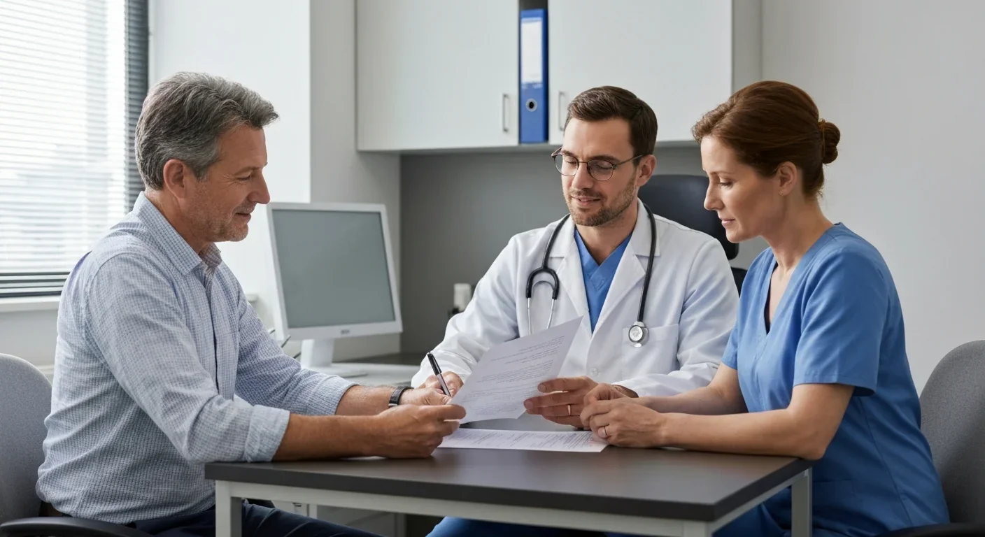 Oncologist consulting with adult patient about CAR-T therapy eligibility and treatment options