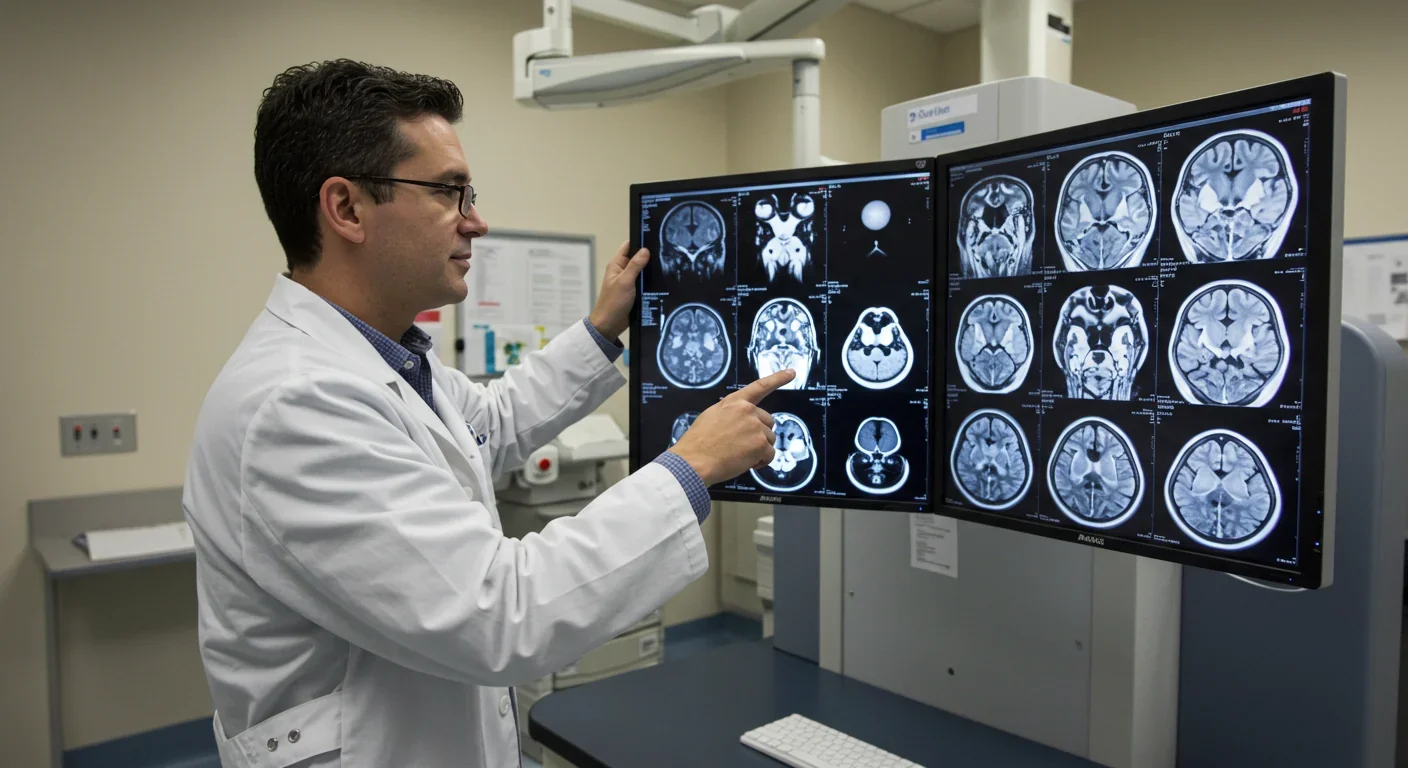 Pediatric neurologist examining brain MRI scans showing white matter abnormalities