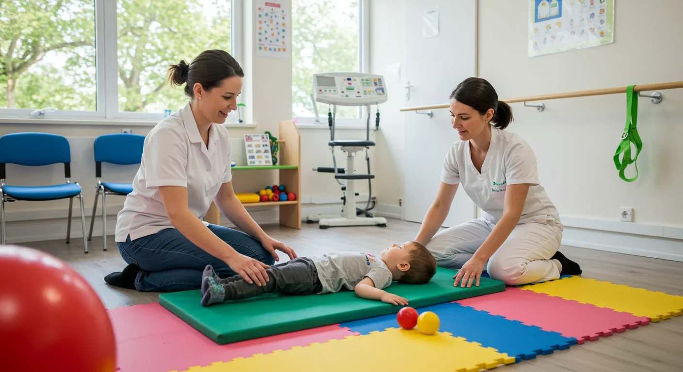 Child receiving physical therapy in pediatric rehabilitation center with therapist assistance