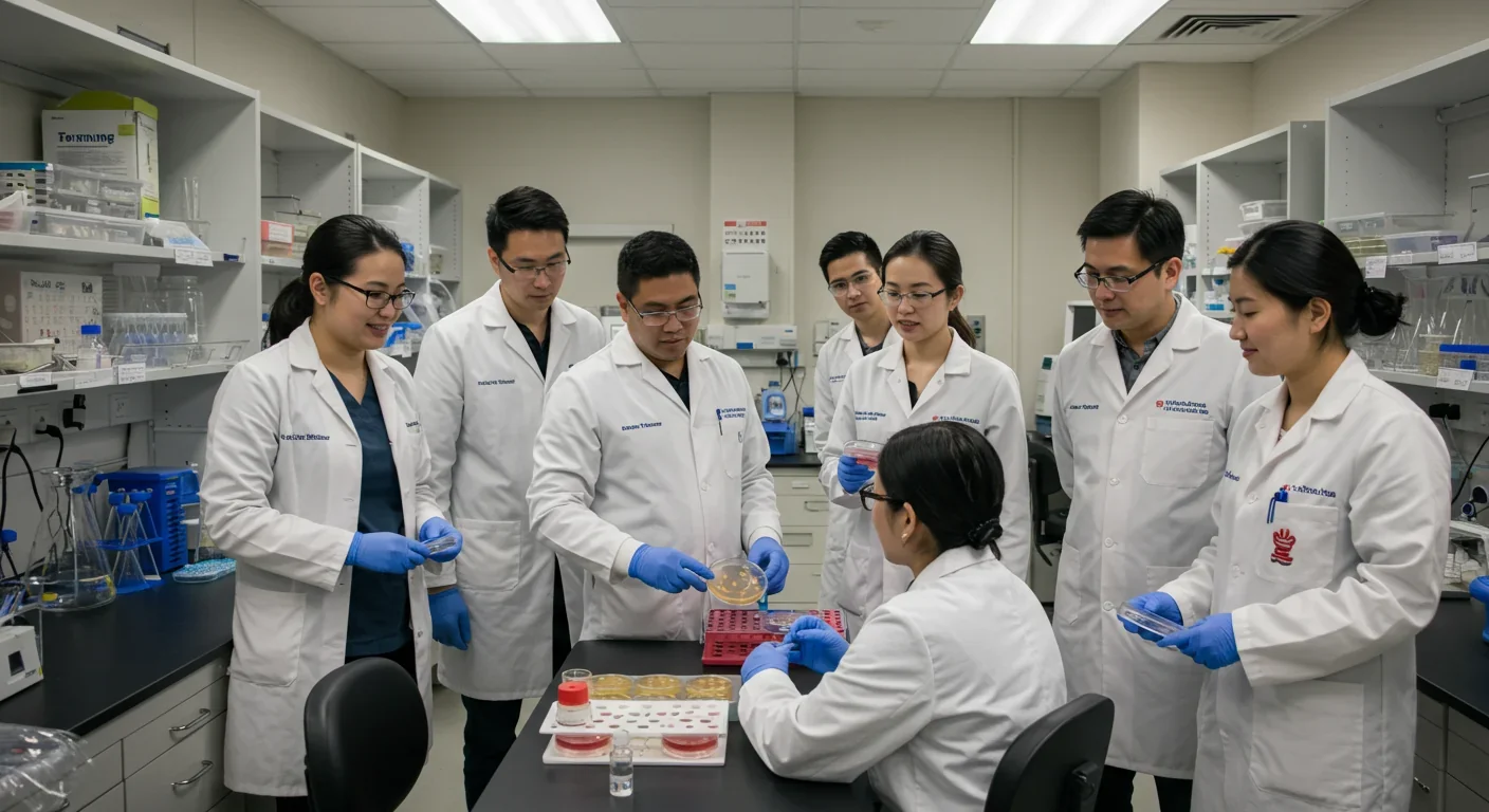 Medical research team collaborating on peroxisomal disorder research with cell cultures