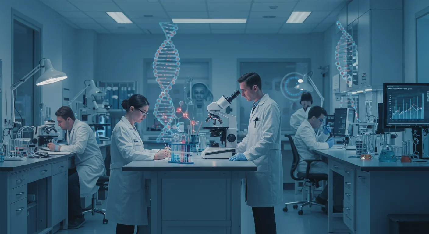 Scientist examining DNA and cellular structures in advanced biotech laboratory
