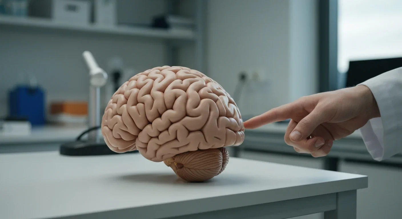 Anatomical brain model on a laboratory table with the cerebellum region highlighted by directional lighting