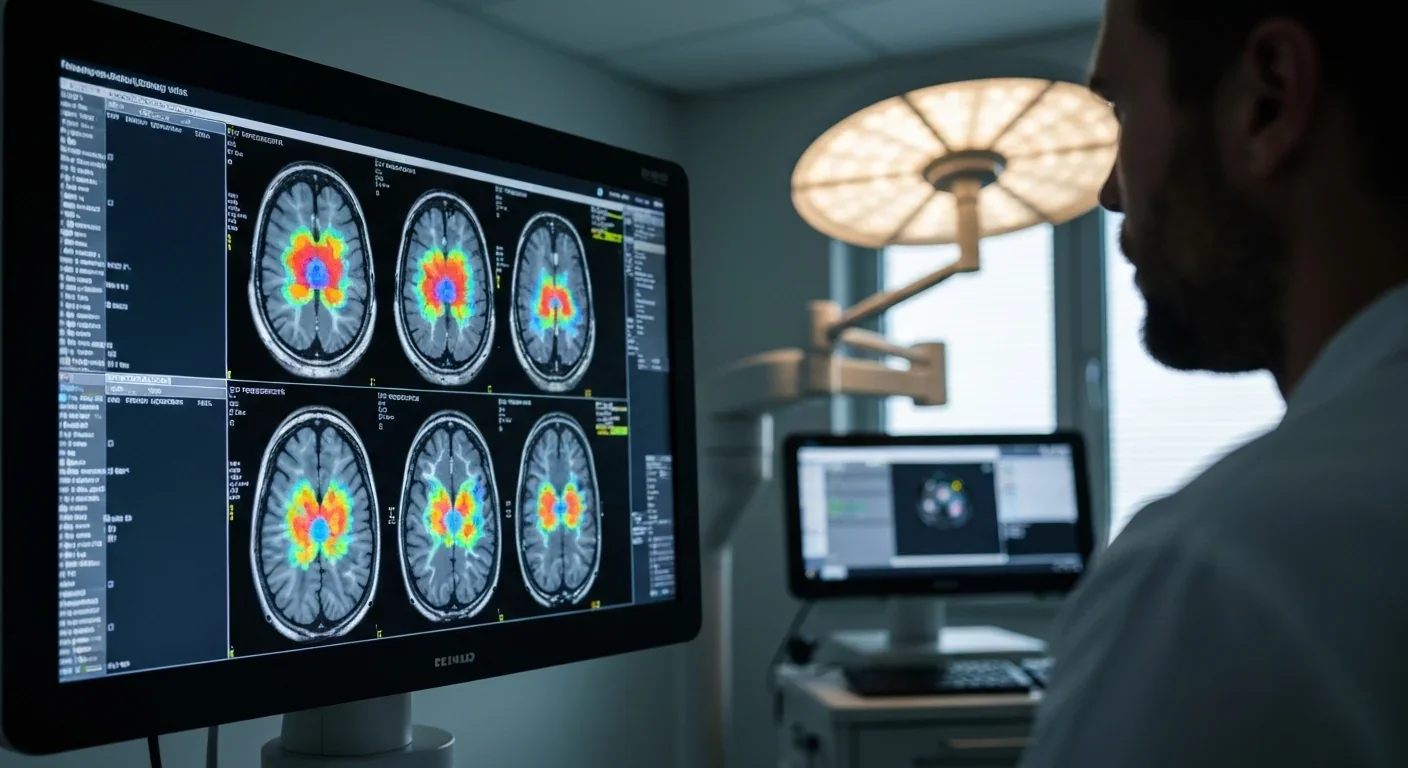 Functional MRI brain scan on a medical monitor showing colorful activation patterns in posterior brain regions
