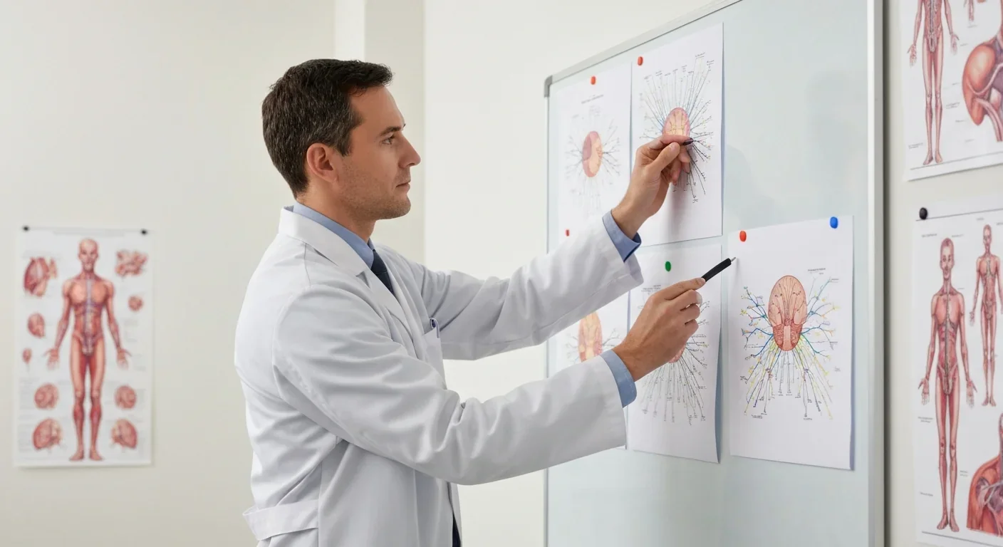 Neuroscience researcher examining neural pathway diagrams pinned to a whiteboard in a laboratory setting
