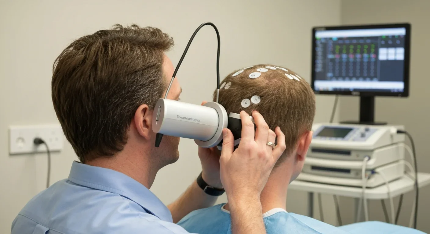 Transcranial magnetic stimulation coil positioned near the back of a patient's head in a clinical setting