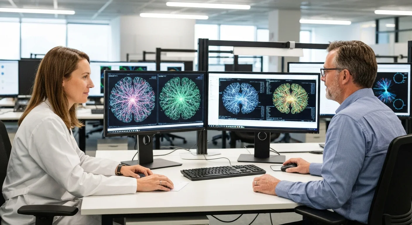 Two neuroscientists collaborating at a workstation displaying brain connectivity maps and network visualizations