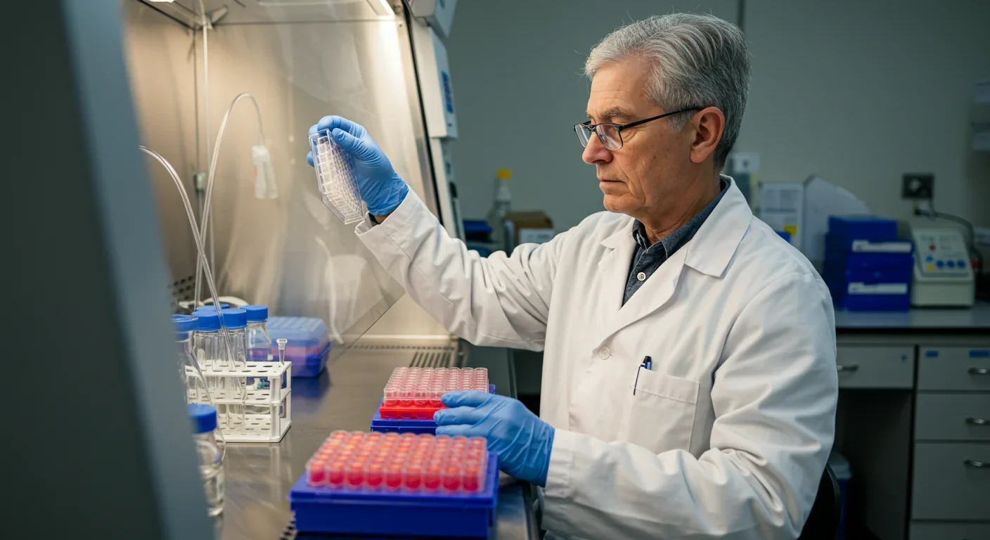 Senior scientist conducting cell culture experiments in biosafety cabinet