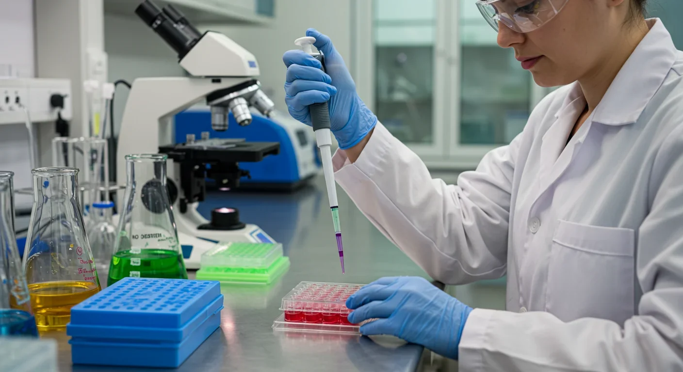 Scientist adding chemical compounds to cultured cells in laboratory dish for cellular reprogramming research