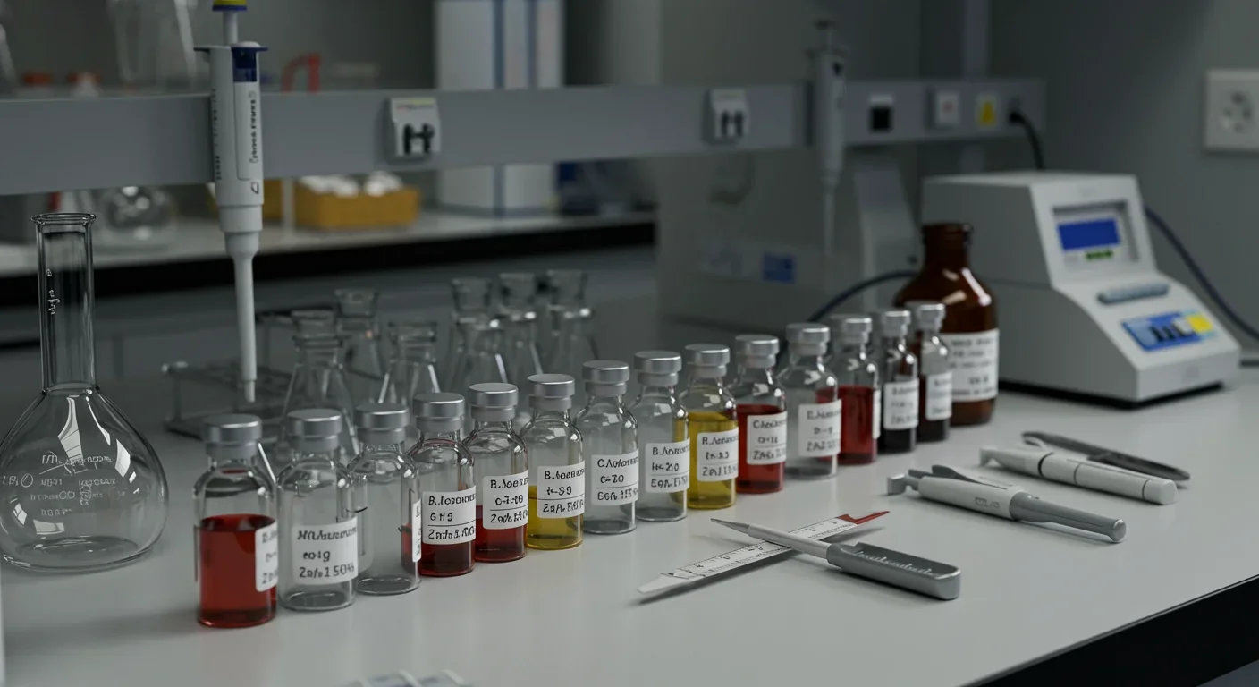 Array of chemical compound vials used in cellular reprogramming cocktail development
