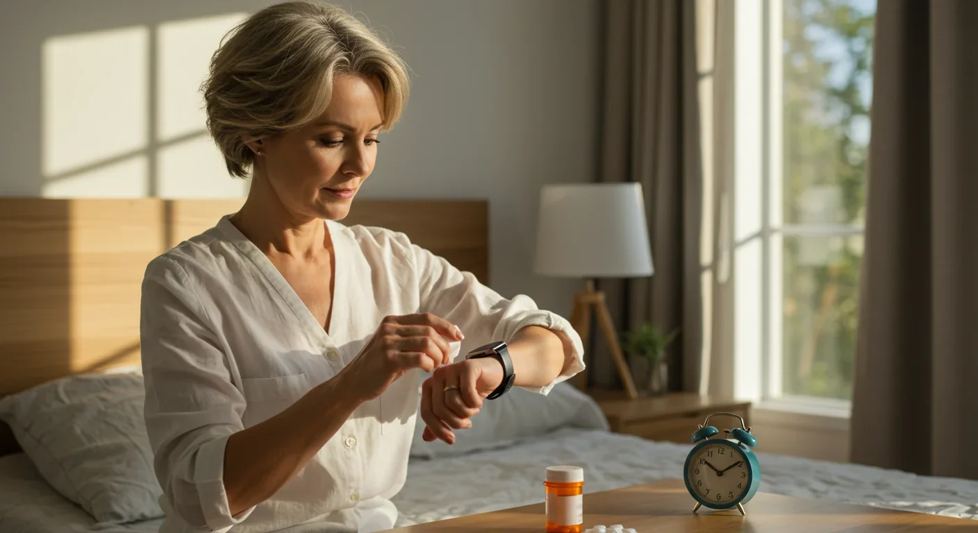 Woman checking smartwatch for medication timing in morning light with pill bottle
