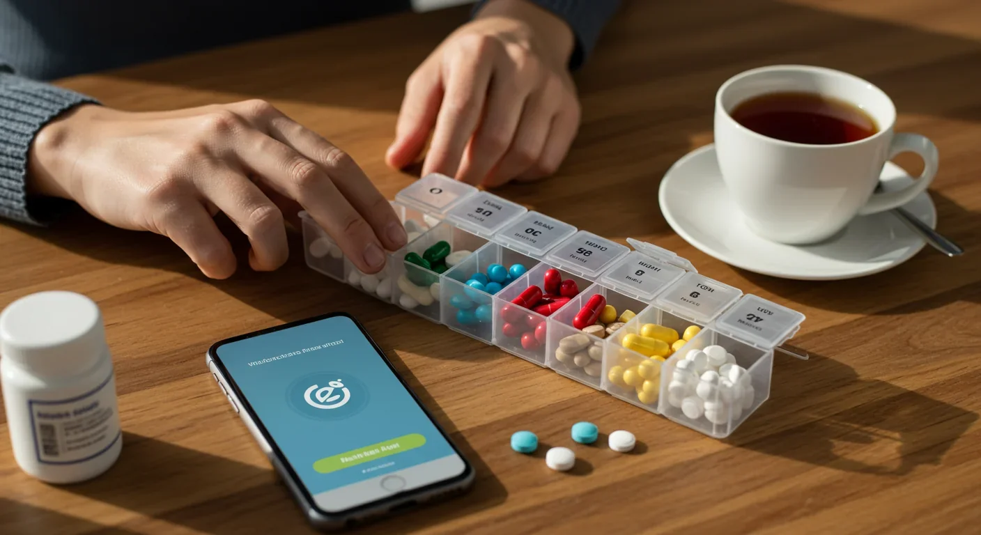 Hands organizing timed medication schedule using pill organizer and smartphone app