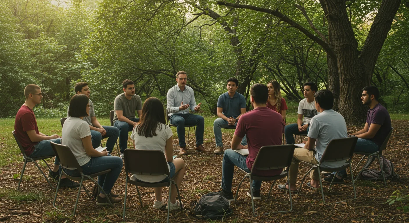Young adults participating in outdoor group therapy session for climate anxiety in forest setting